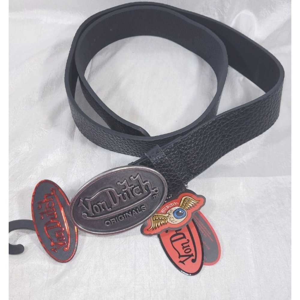 Von Dutch Men's Vegan Leather Pebbled Belt with Silver Buckle - Black - Size 40
